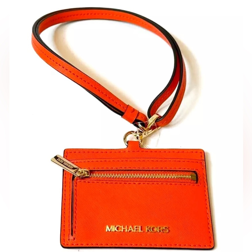 NWT Michael Kors Jet Set Travel Saffiano Leather Card Case Lanyard Bright Red🎀